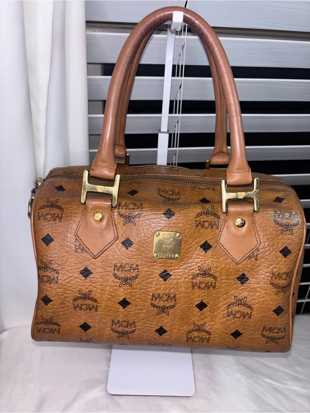 Vintage MCM Cognac Visetos Boston Bag Satchel with Shoulder Strap